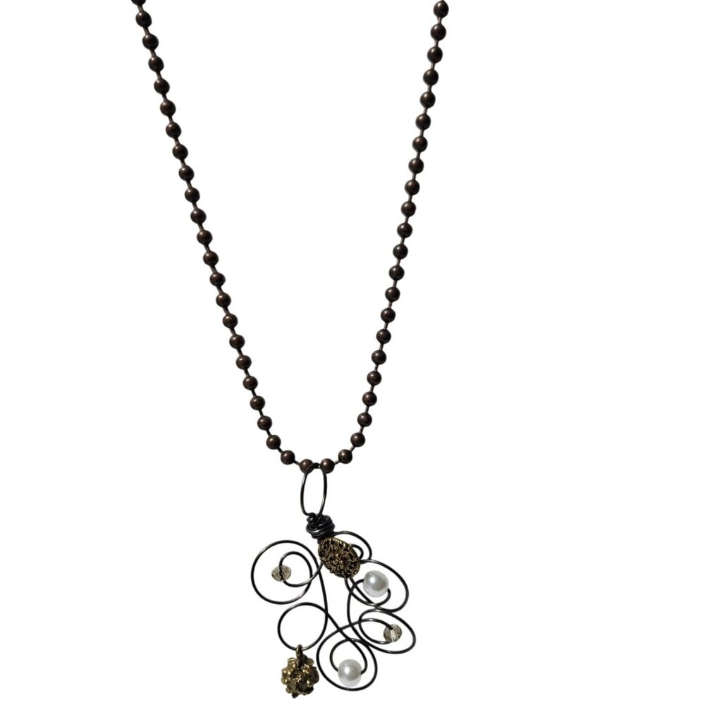 Handcrafted Black Wire Pendant Necklace Faux Pearls Bronze Accents Ball Chain
